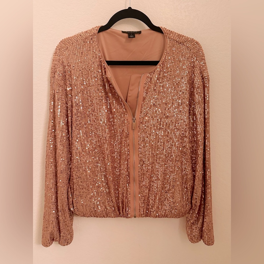 Halogen sequined zippered jacket in pale pink. Size large.